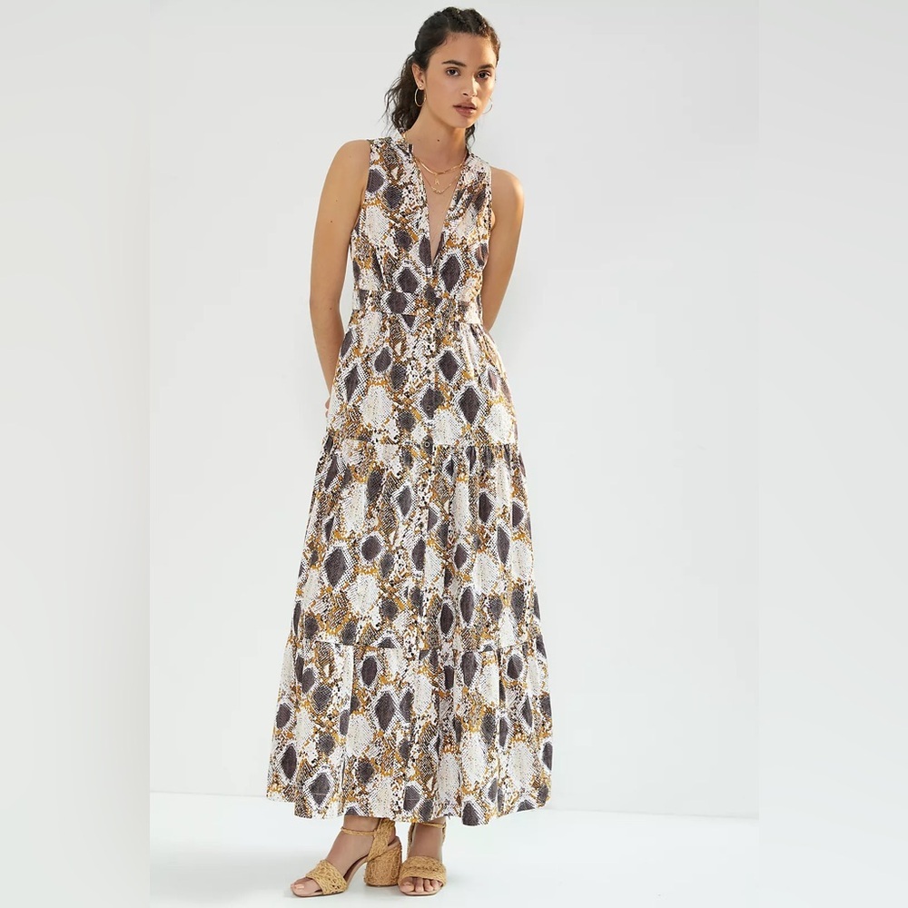 ANTHROPOLOGIE MAEVE Snake Print Tiered Maxi Dress V Neck Cotton Size 2